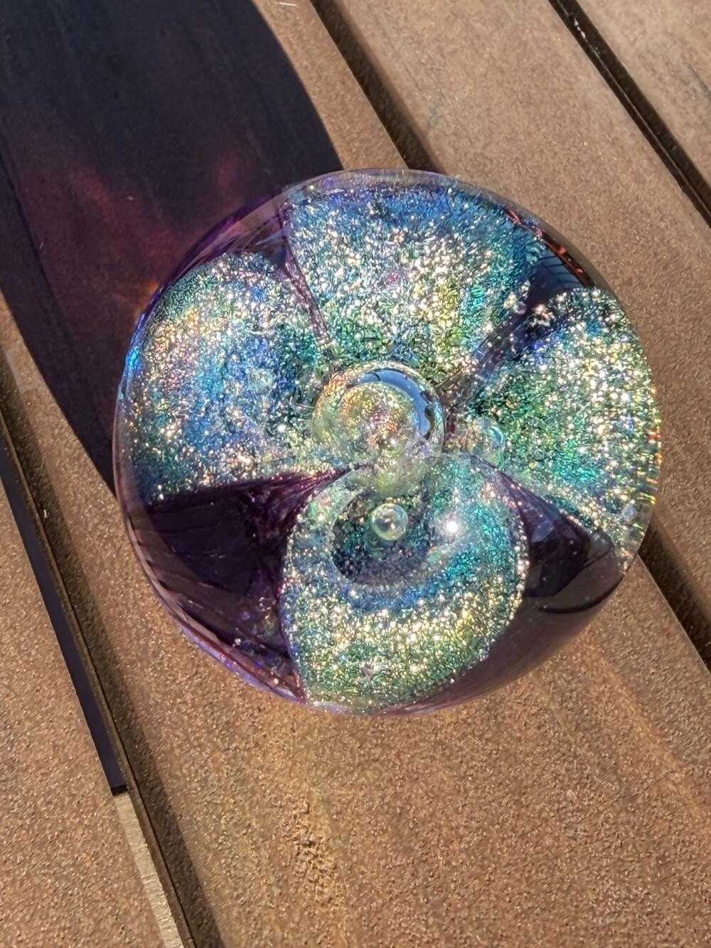 Glass Eye Studio Hand-Blown Art Glass Paperweight with Iridescent Purple and Blu